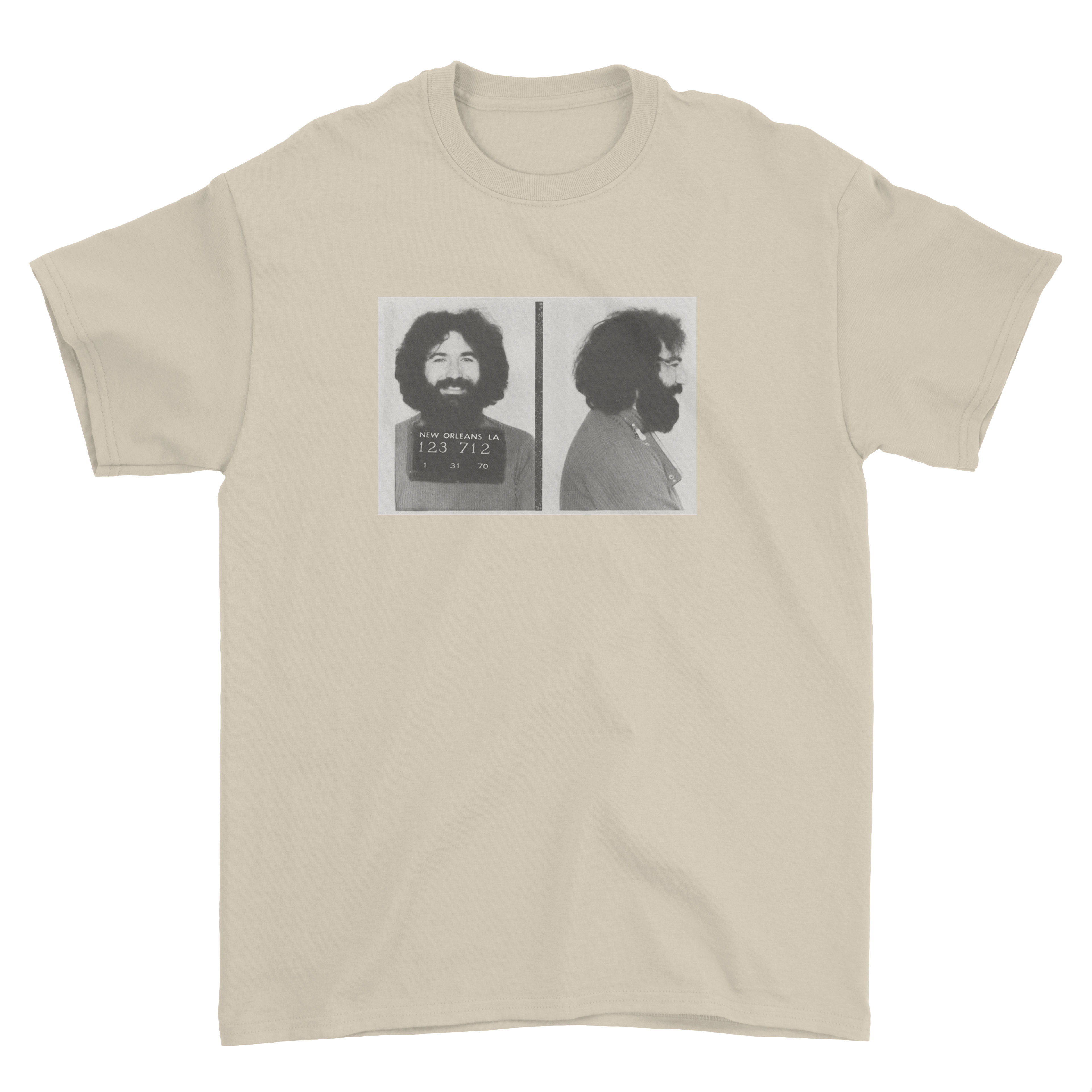 Jerry Garcia Mugshot Shakedown Street Style Graphic T-Shirt – Front Back Print Festival Tee