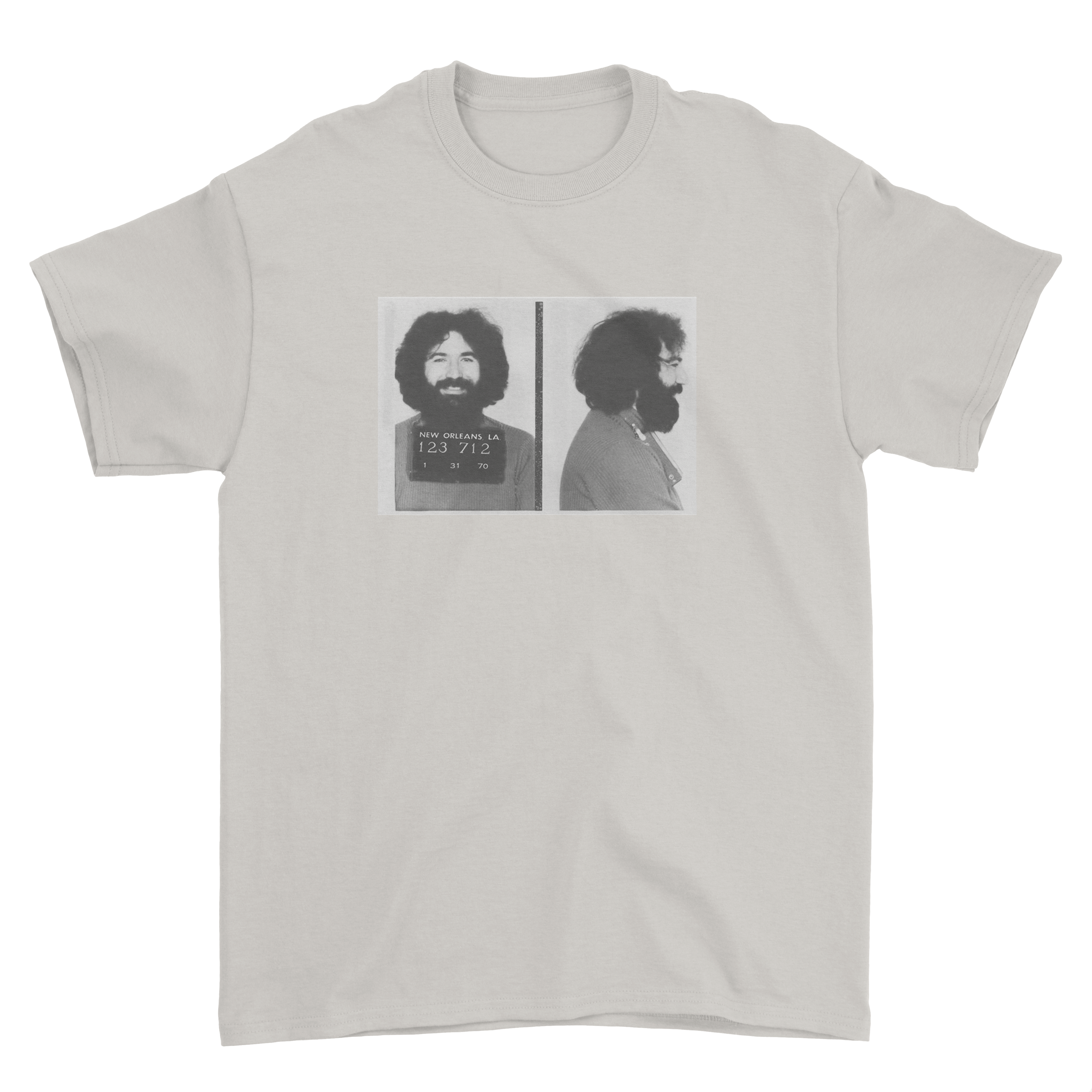 Jerry Garcia Mugshot Shakedown Street Style Graphic T-Shirt – Front Back Print Festival Tee