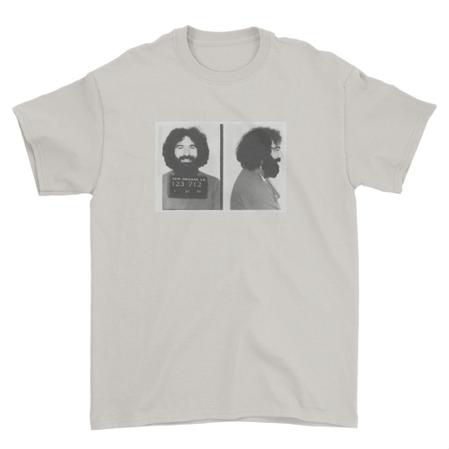 Jerry Garcia Mugshot Shakedown Street Style Graphic T-Shirt – Front Back Print Festival Tee
