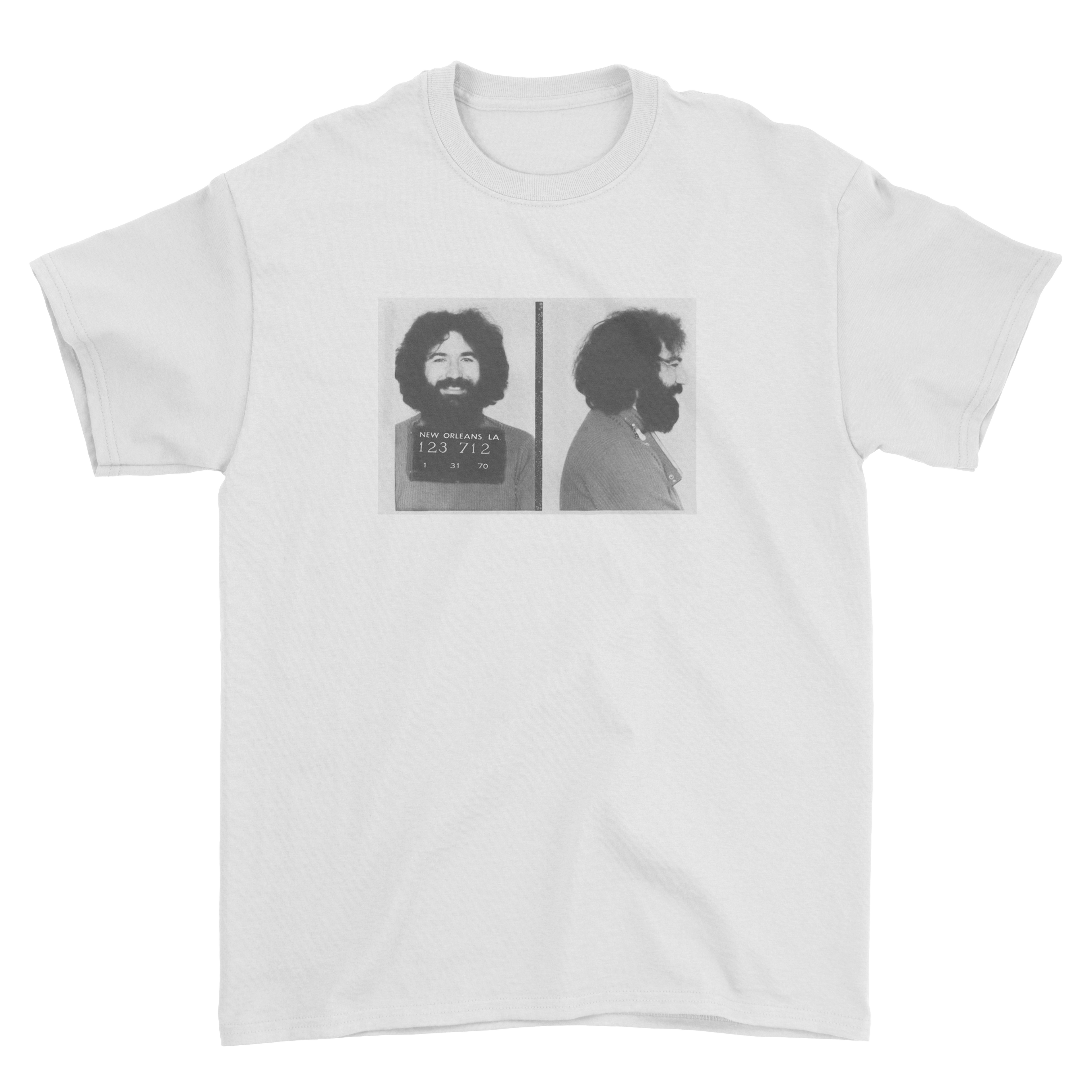 Jerry Garcia Mugshot Shakedown Street Style Graphic T-Shirt – Front Back Print Festival Tee